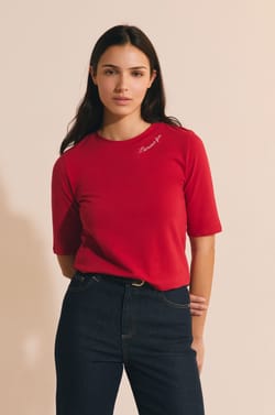 Camiseta de algod&oacute;n bordada con mangas hasta los codos;${refinementColor}