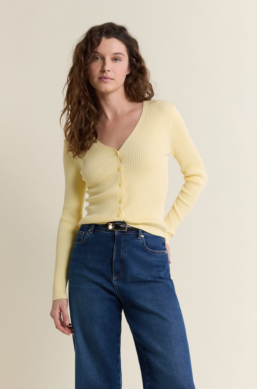 Pull cardigan manches longues en maille c&ocirc;tel&eacute;e;${refinementColor}