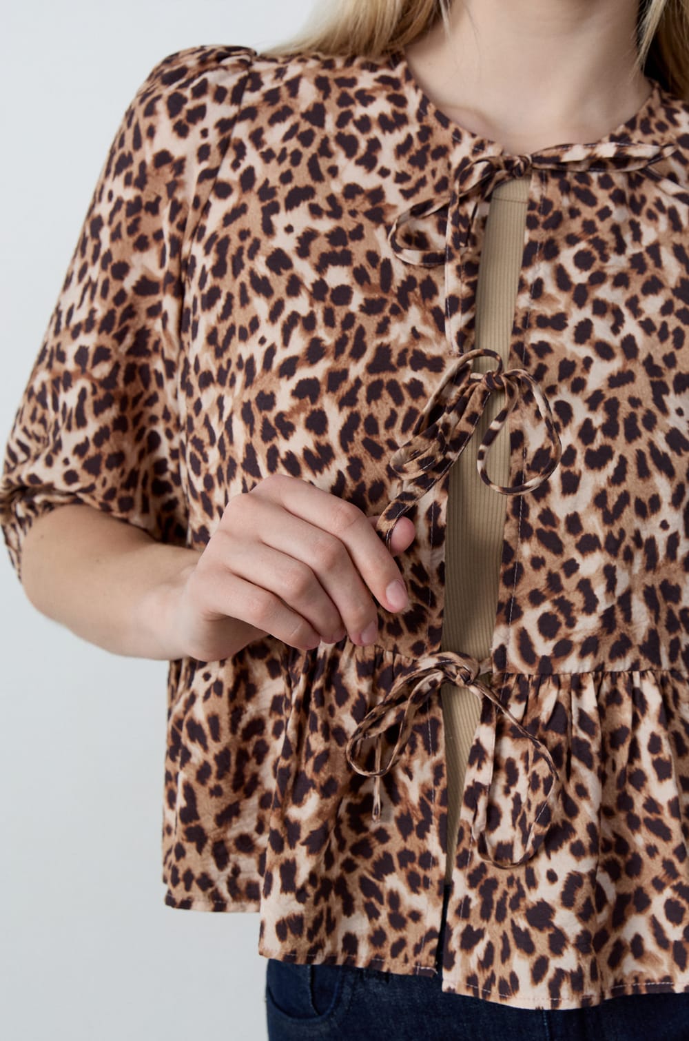 Leopard Print Front-Tie Blouse;${refinementColor}