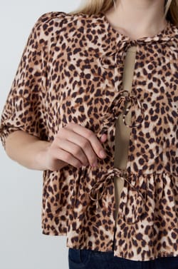 Leopard Print Front-Tie Blouse;${refinementColor}