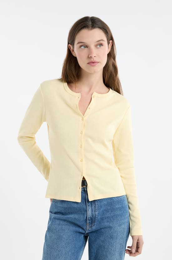 T-shirt boutonn&eacute; &agrave; manches longues en coton;${refinementColor}