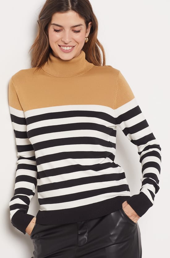 Tricolour Striped Turtleneck Sweater;${refinementColor}