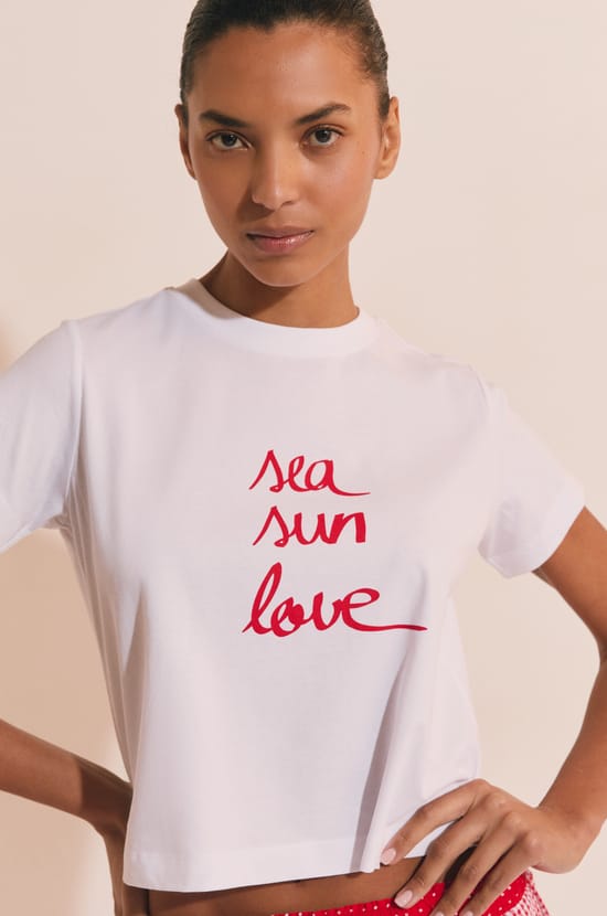 T-shirt de pyjama en coton &agrave; inscription "sea sun love;${refinementColor}