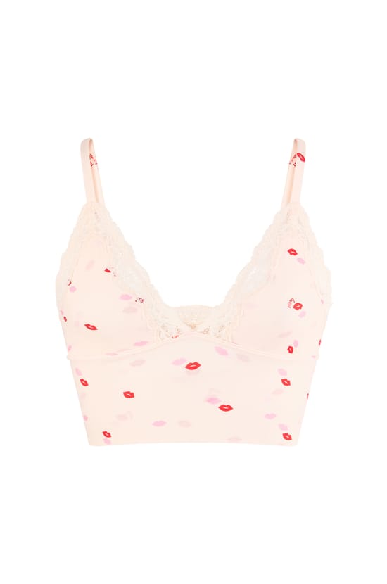 Triangle Bra with Kiss Motifs in Microfibre with Lace Details;${refinementColor}