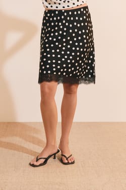 Short Satin Skirt With Polka Dots And Lace Details;${refinementColor}