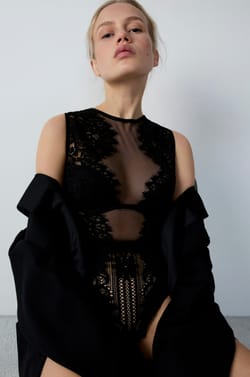 Lightly Lined Bodysuit With Tulle And Lace;${refinementColor}