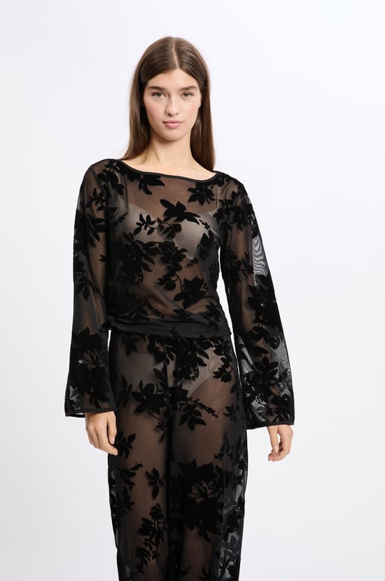 Top transparent à motif fleurs;${refinementColor}