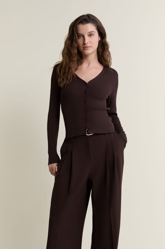 Pull cardigan manches longues en maille c&ocirc;tel&eacute;e;${refinementColor}