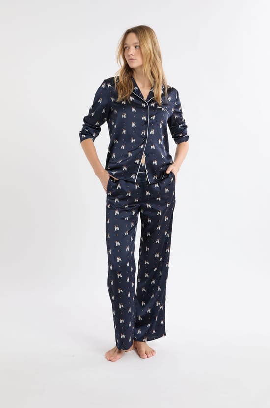 Pantalón de pijama de satén con estampado de perros;${refinementColor}