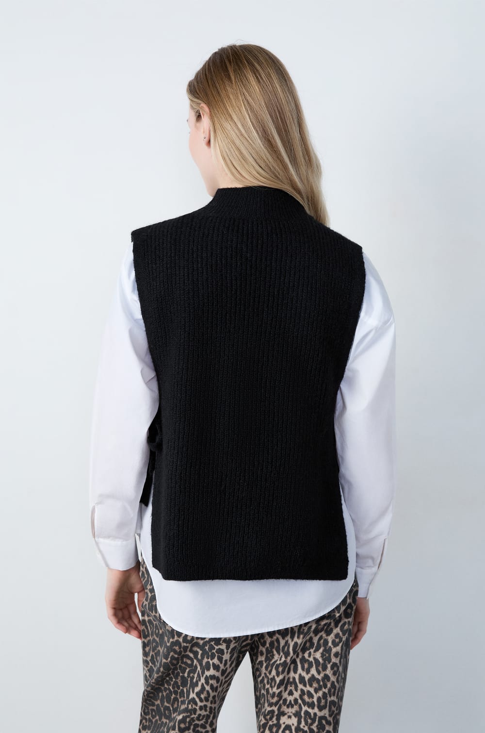 Sleeveless High Neck Tie-Front Sweater;${refinementColor}