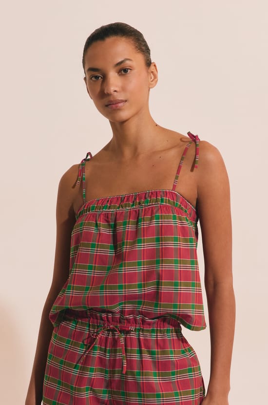 Caraco de pyjama &agrave; carreaux en coton;${refinementColor}