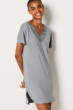 Modal nightshirt with lace neckline;${refinementColor}