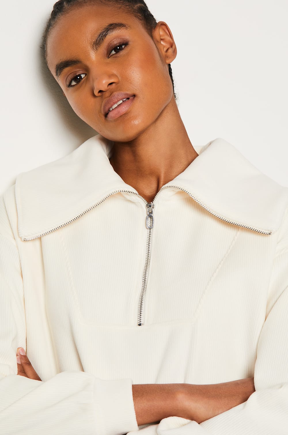 Ribbed pyjama sweatshirt with trucker collar;${refinementColor}