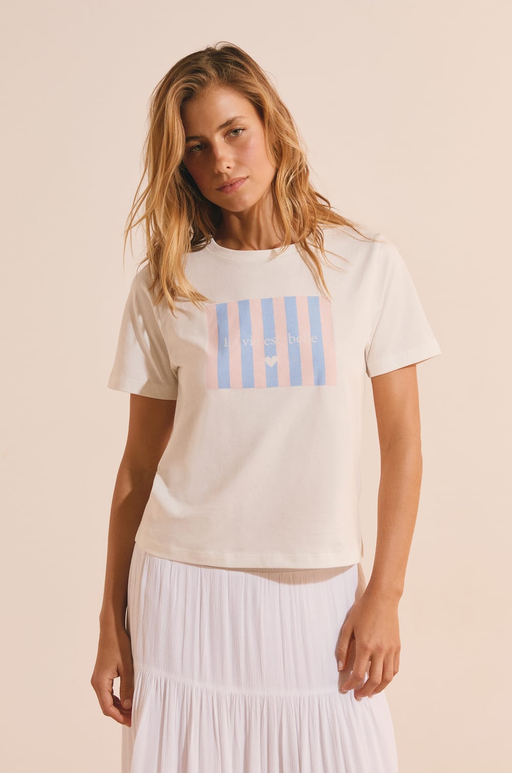 Short-sleeved T-shirt with "la vie est belle" inscription;${refinementColor}