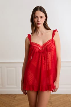 Transparante babydoll in tule met hartjesmotief;${refinementColor}