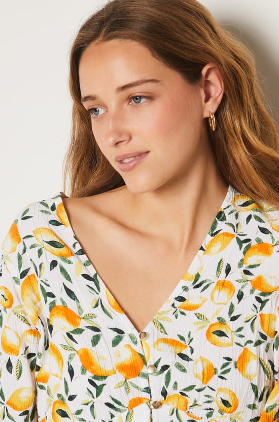 Short Dress with 3/4 Sleeves and Lemon Print;${refinementColor}