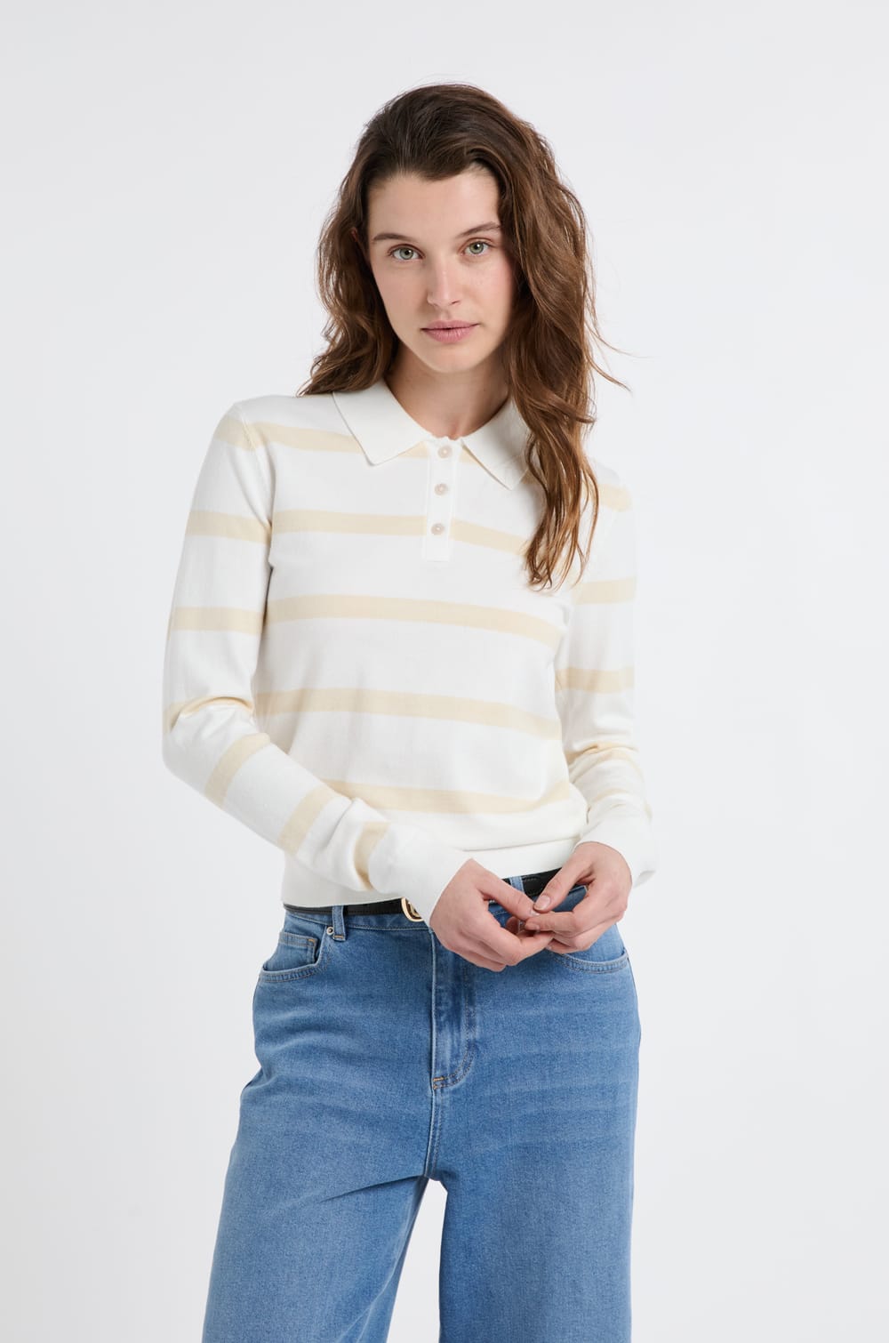 Pull col polo &agrave; manches longues &agrave; rayures;${refinementColor}