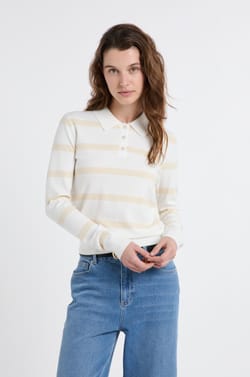 Pull col polo &agrave; manches longues &agrave; rayures;${refinementColor}