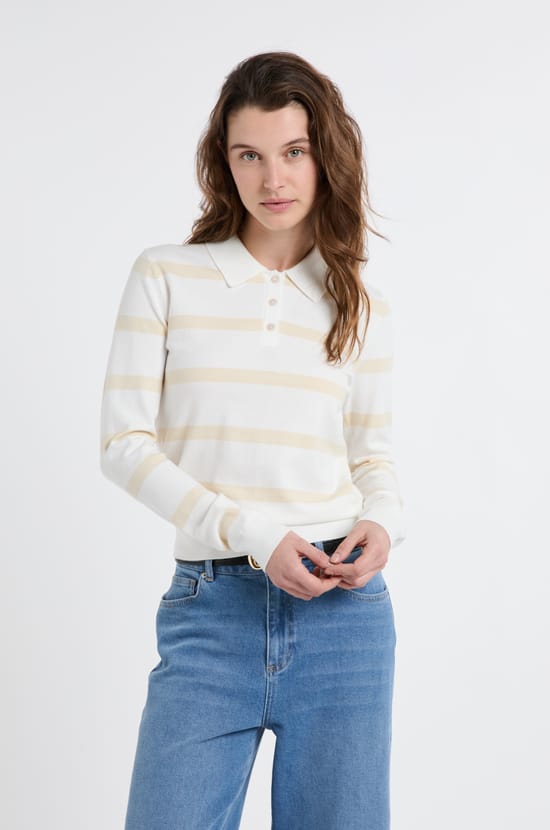 Pull col polo &agrave; manches longues &agrave; rayures;${refinementColor}