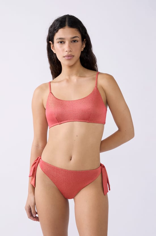 Glittery tie-front bikini top;${refinementColor}