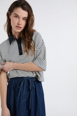 Sweat col polo &agrave; rayures en coton;${refinementColor}