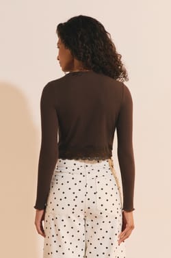T-shirt court manches longues avec dentelle en coton;${refinementColor}
