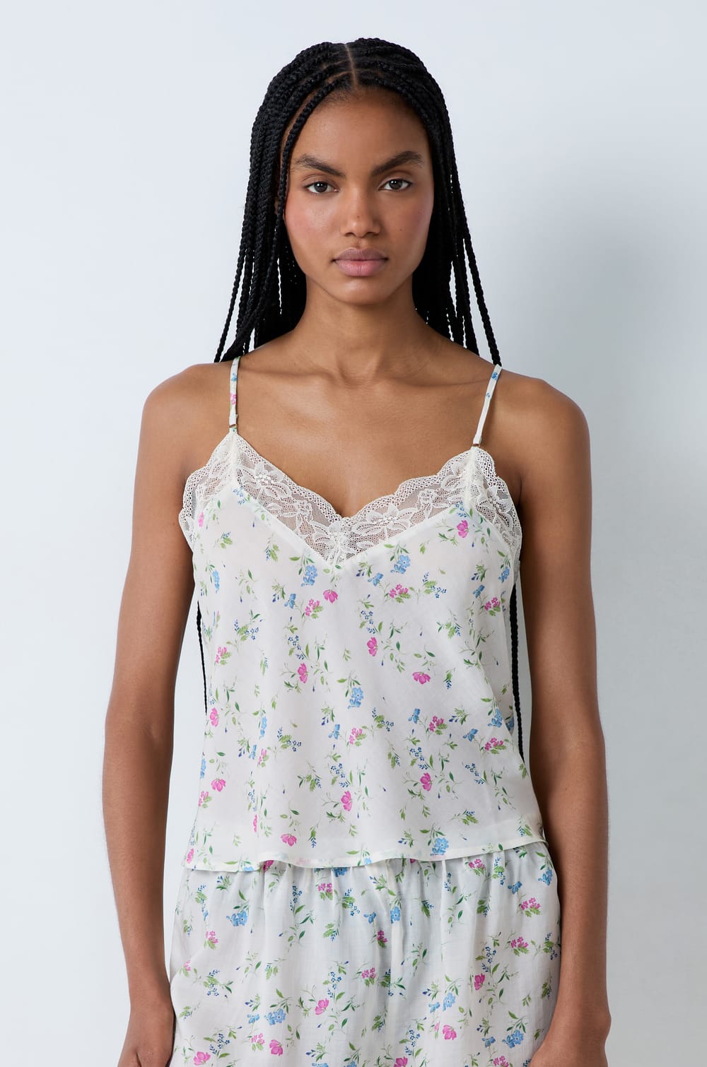 Floral print satin pyjama top with lace neckline;${refinementColor}