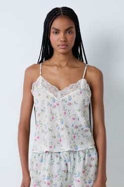 Floral print satin pyjama top with lace neckline;${refinementColor}