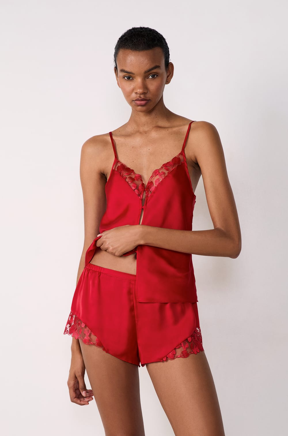 Satin Pyjama Shorts with Lace Details;${refinementColor}