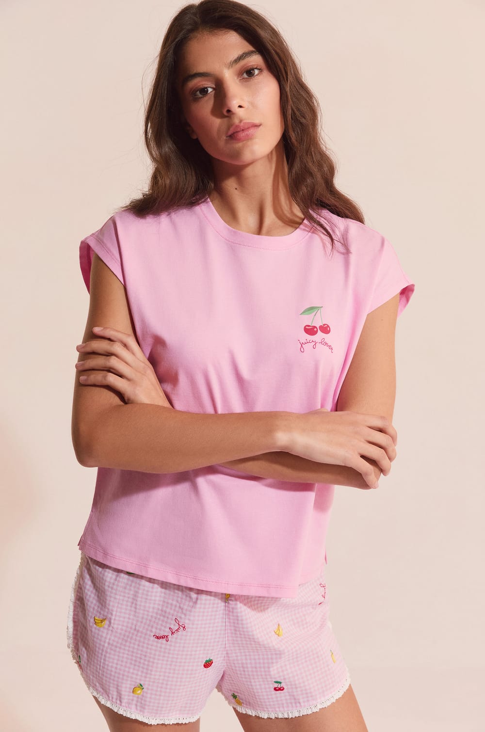 T-shirt de pyjama en coton &agrave; motif cerise;${refinementColor}