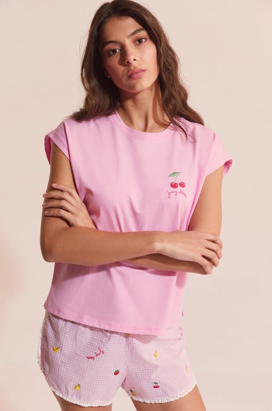 T-shirt de pyjama en coton &agrave; motif cerise;${refinementColor}