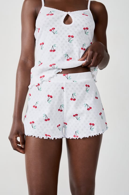 Cherry print pointelle cotton shorts;${refinementColor}