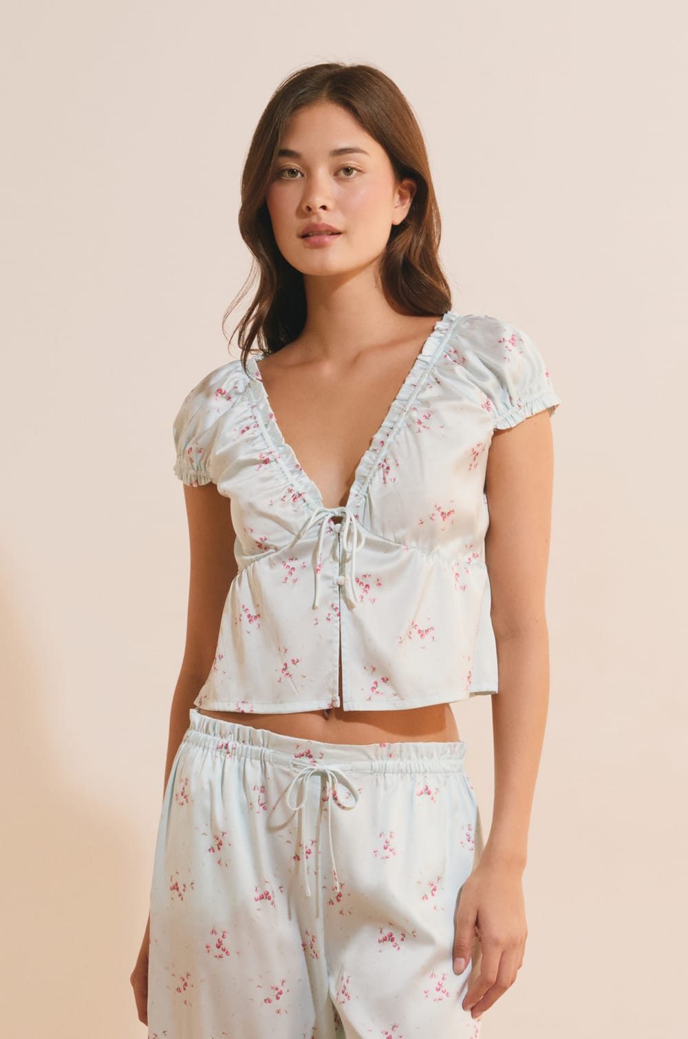 Short-Sleeve Patterned Satin Top;${refinementColor}