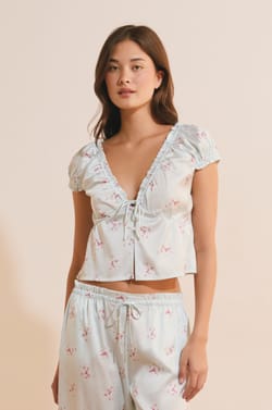 Short-Sleeve Patterned Satin Top;${refinementColor}