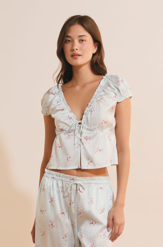 Short-Sleeve Patterned Satin Top;${refinementColor}