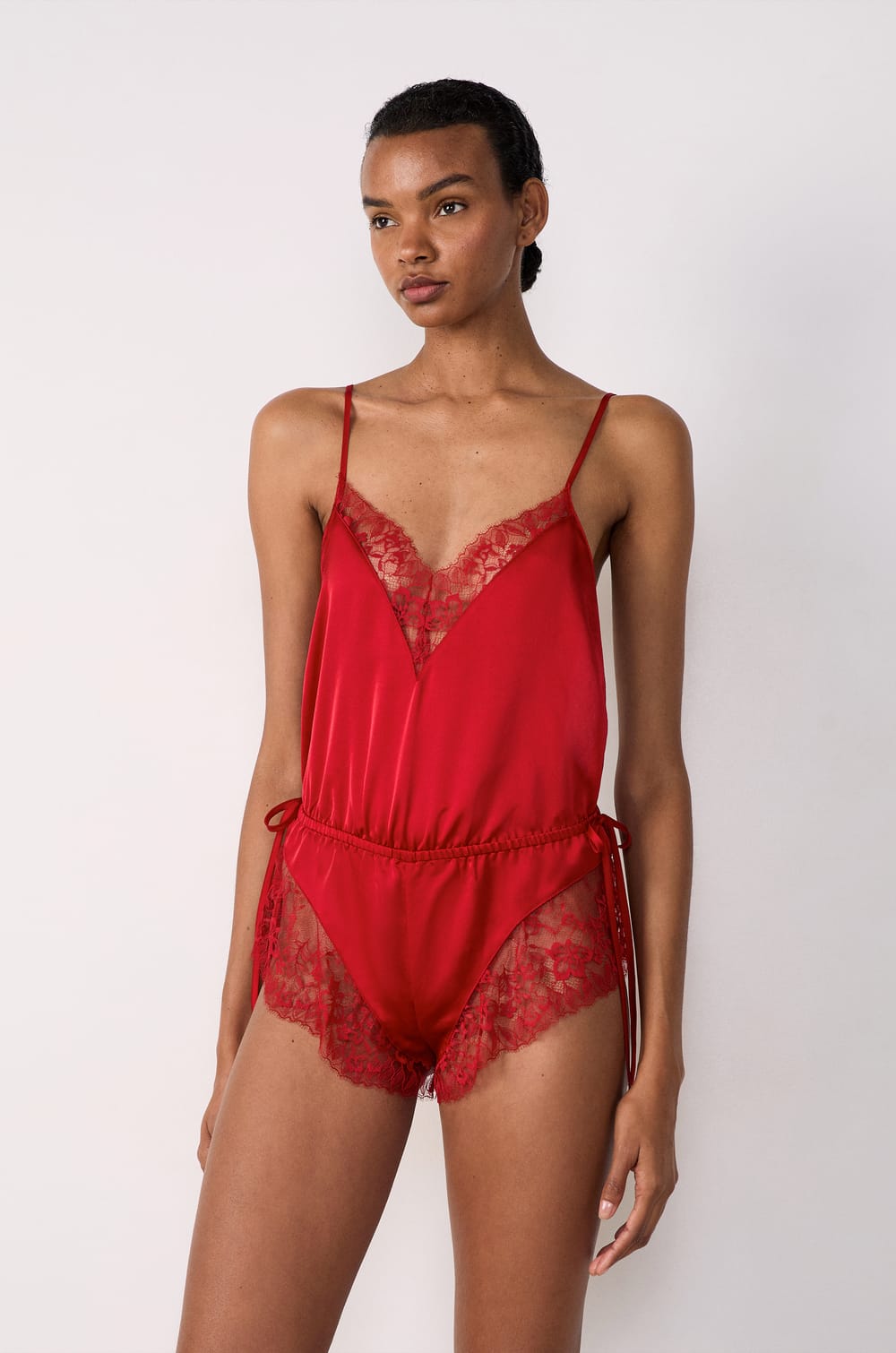 Satin Short Jumpsuit with Lace Details;${refinementColor}