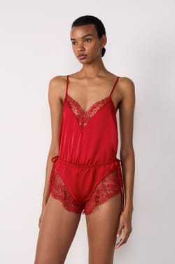 Satin Short Jumpsuit with Lace Details;${refinementColor}