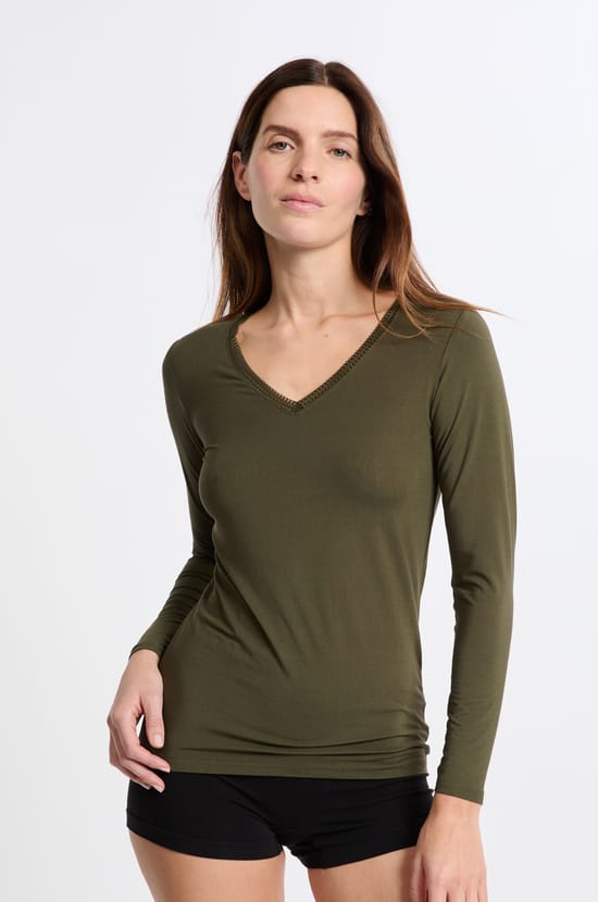 T-shirt col V maille thermique;${refinementColor}