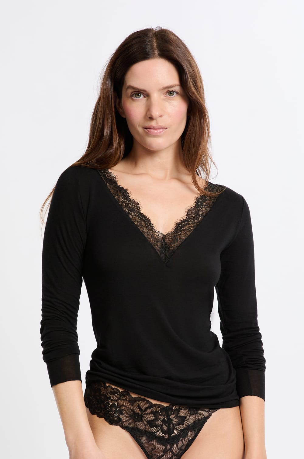 T-shirt thermique col V avec cachemire;${refinementColor}