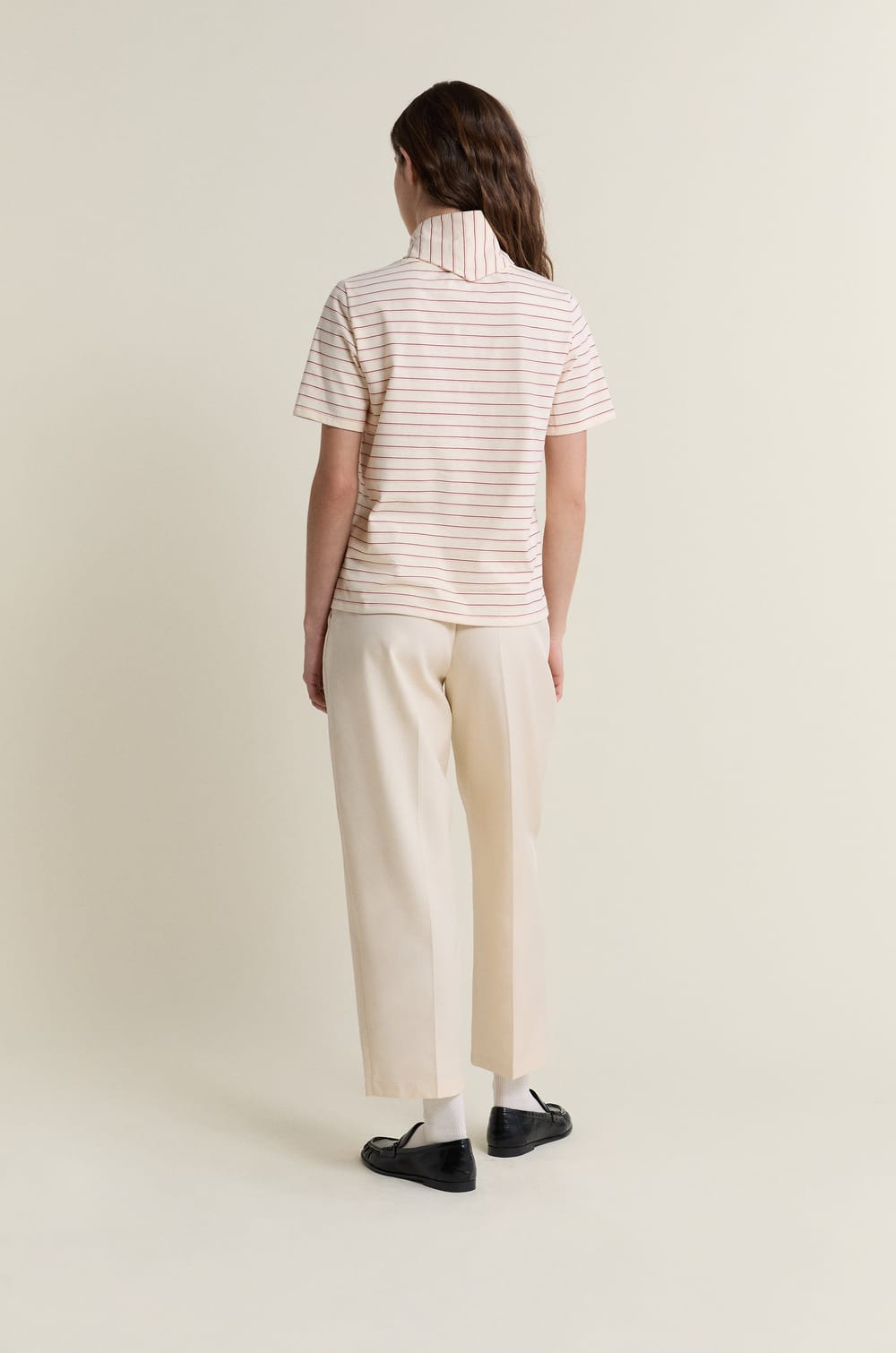 Short-sleeved striped cotton t-shirt with foulard detail;${refinementColor}