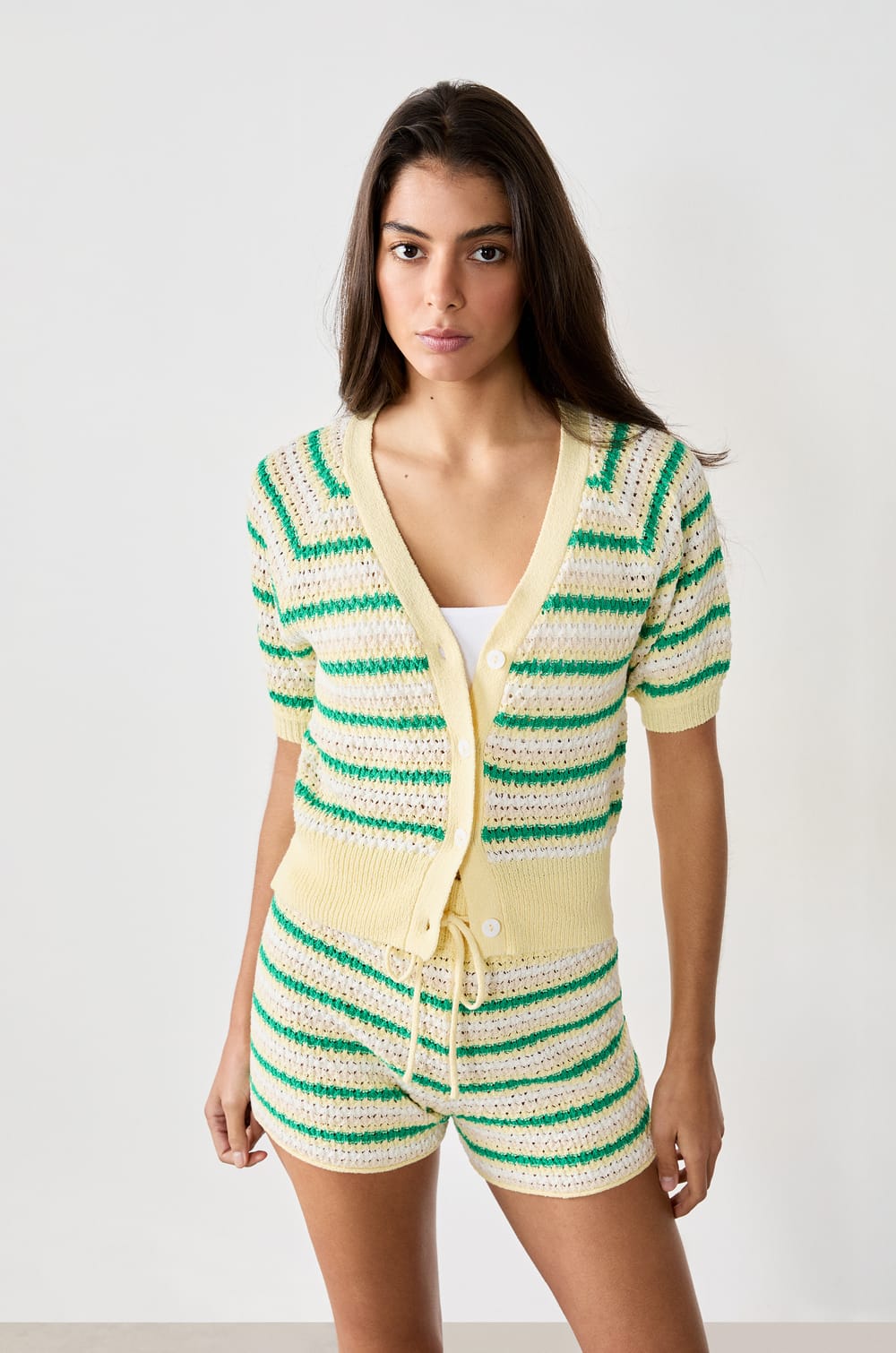 Short-sleeved striped cardigan;${refinementColor}