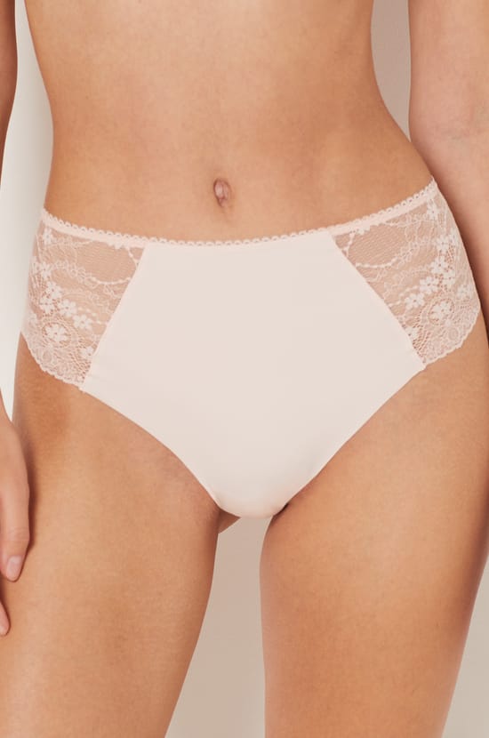 Bi-Material Midi-Rise Briefs with Lace Panels;${refinementColor}
