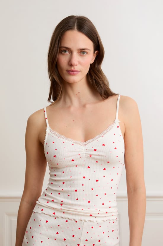 Caraco en pointelle &agrave; motifs c&oelig;urs en coton;${refinementColor}