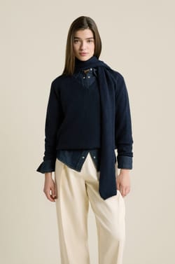 V-neck Sweater with Integrated Scarf;${refinementColor}