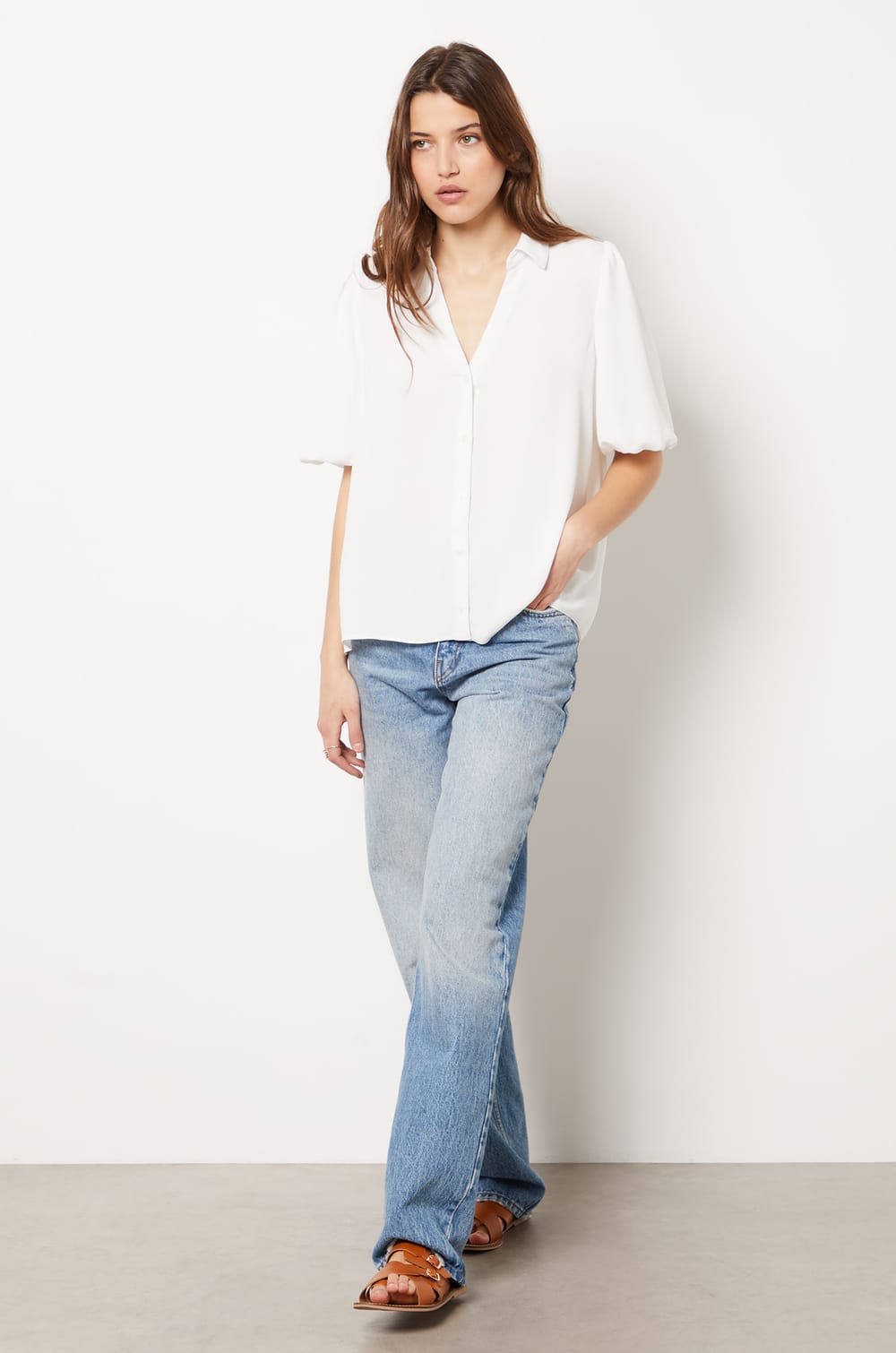 Textured Short-Sleeved Puff Shirt;${refinementColor}