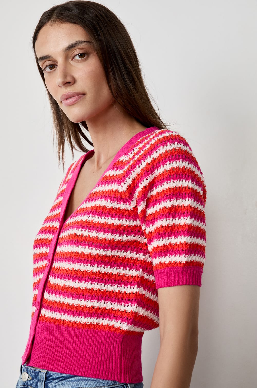 Cardigan manches courtes &agrave; rayures;${refinementColor}