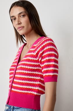 Cardigan manches courtes &agrave; rayures;${refinementColor}