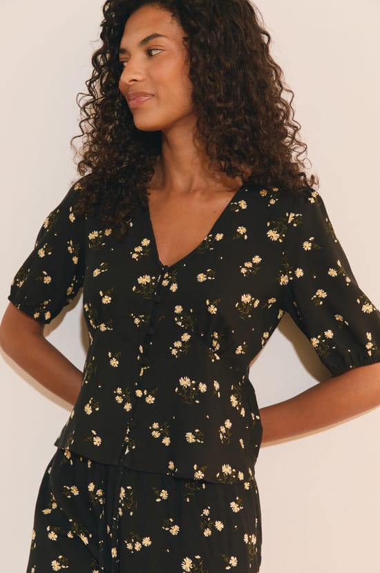 Chemise col V manches 3/4 &agrave; motifs;${refinementColor}