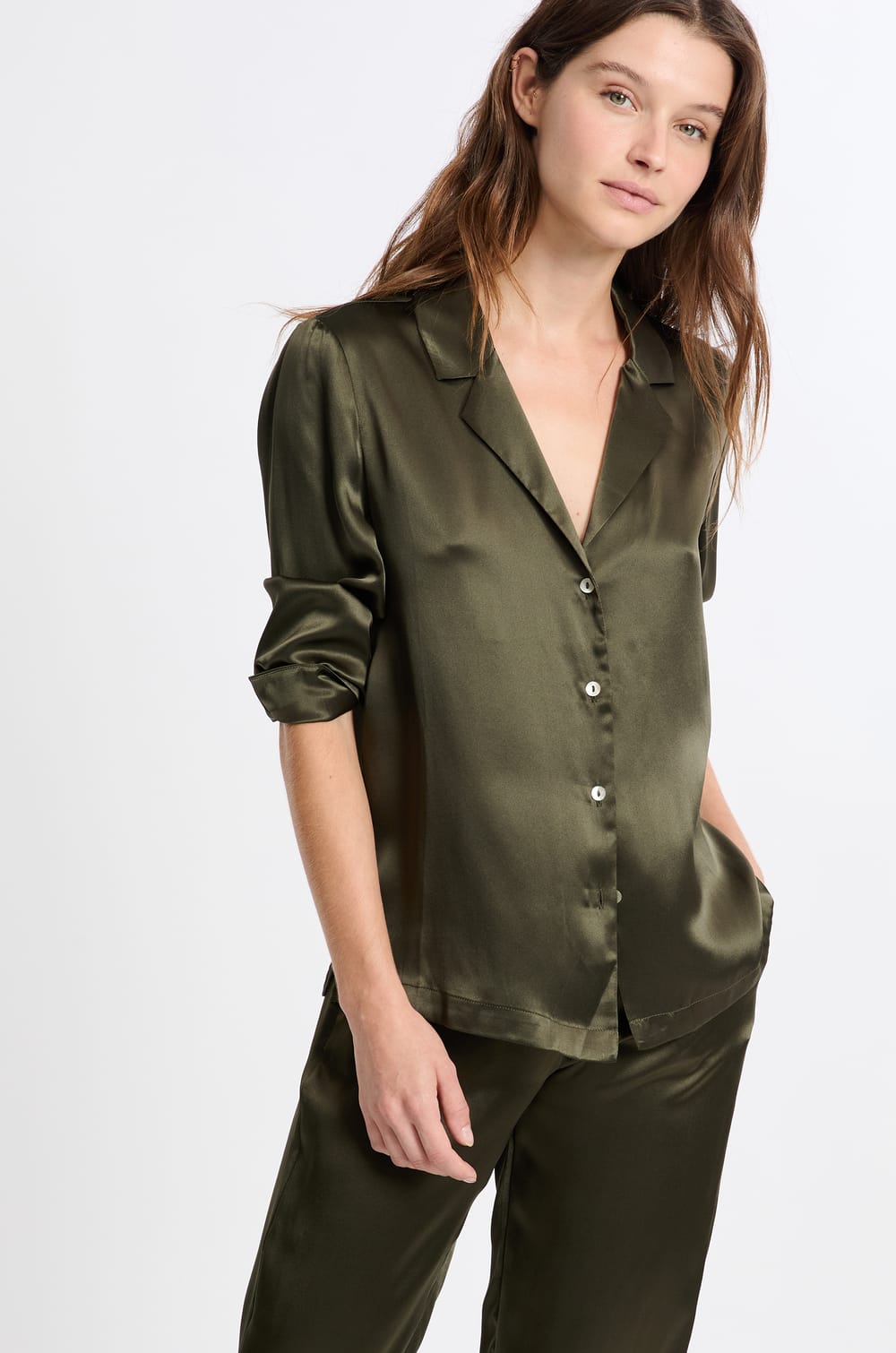 Chemise de pyjama manches longues en soie;${refinementColor}