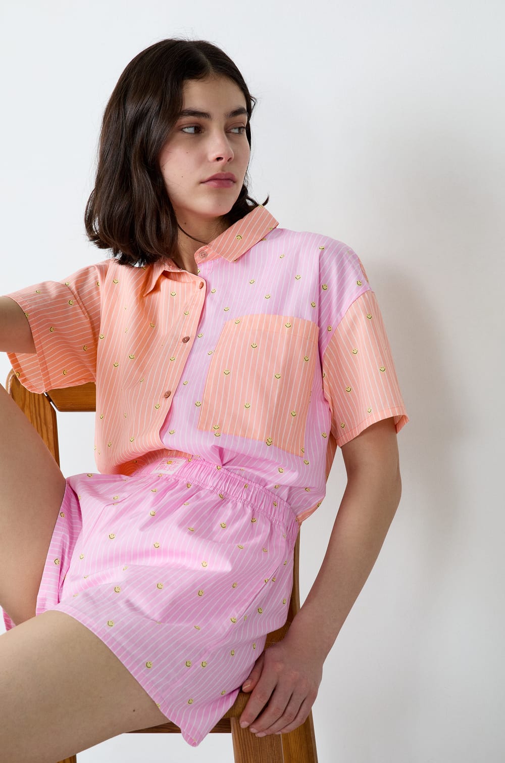 Short-sleeved striped pyjama shirt Smiley®ORIGINALS;${refinementColor}